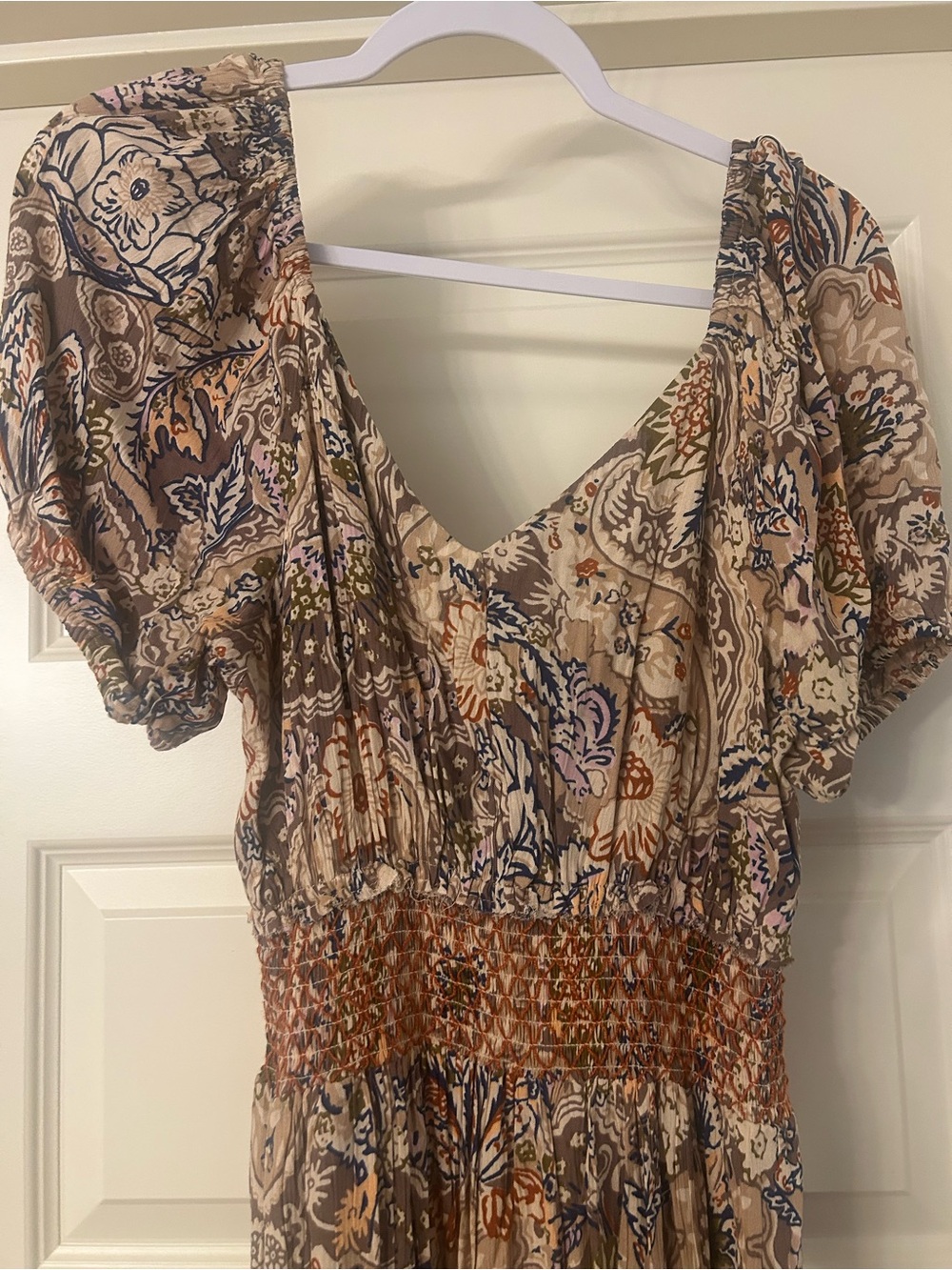 Dex Beige Floral Maxi Dress with Puff Sleeves
